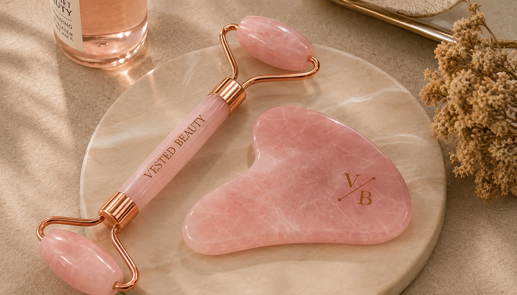 Rose quartz roller and gua sha